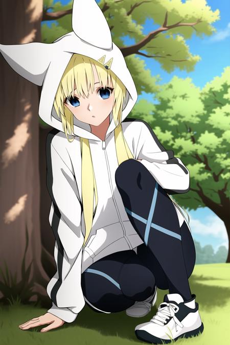 1girl, konjihen, kon, hoodie, leggings, hood, blonde hair, blue eyes, sneakers, grass, tree, park