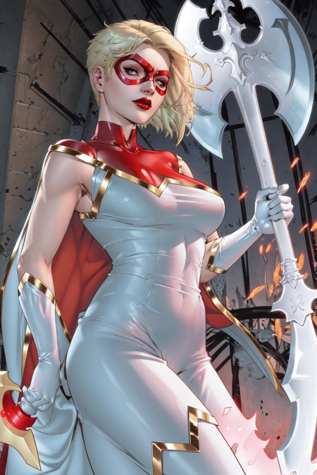 Ryan Ripley, blonde hair, white bodysuit, breasts, cape, gloves, glowing, holding, lips, lipstick, makeup, mask, red lips, short hair, holding an axe, magic, weapon<lora:STAR:0.7>