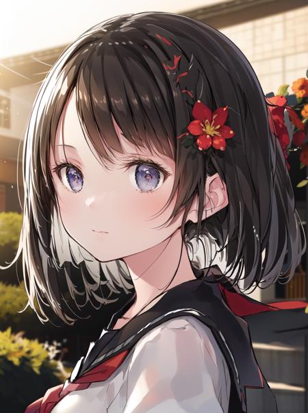 masterpiece, best quality, 1girl, black hair, parted bangs, medium hair, school uniform, serafuku, outdoors, sunlight, upper body, backlighting, bloom, blurry background, <lora:hikarugami32:0.8>