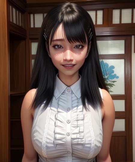 Rina,black hair,brown eyes,
white shirt,sleeveless,hairclip,
smile,looking at viewer,
standing,upper body,
east asian architecture,indoors,
(insanely detailed, beautiful detailed face, masterpiece, best quality),solo,<lora:Rina:0.8>,