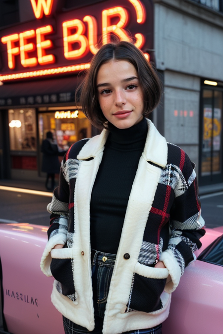 KiriaMalheiros, (upper body, woman with a necklace with a neon sign in the background, ((plaid wool jacket, turtleneck, statement jewelry)), makeup, character album cover, psychedelia style, joy, promotional photoshoot, Vogue magazine cover style, promotional render, center parted curtain bangs), Paris street background