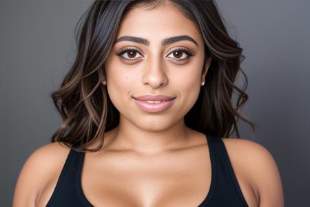 a portrait of DEN_ella_knox in front of a [plain black background] wearing a black tank top, collarbone, [headshot], [centre frame], looking at the camera, facing the camera,
[gentle smile closed mouth], dynamic lighting, mole above her lip on the right,
photorealistic, high detail, detailed, masterpiece, 8k, highres, flawless, colour, professional