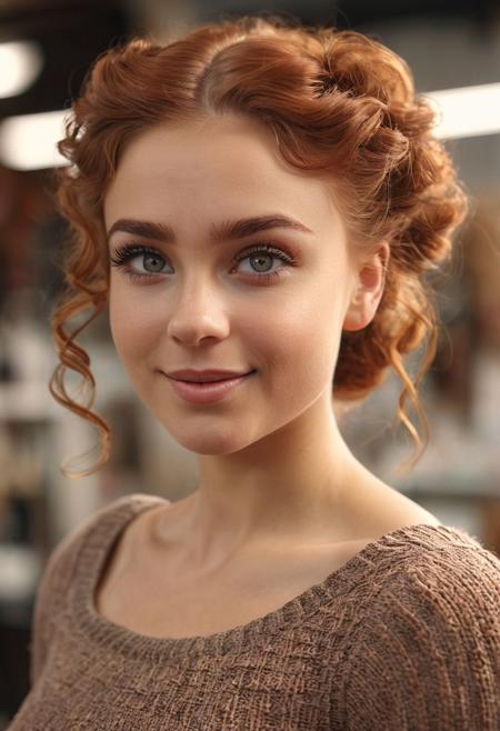 1girl, half-polish, slavic, anglo, portrait, headshot, cute model, Long thick Maxi Skirt, Knit tube top, swept back hair, alluring smile, working at a clothing store, perfect eyes, highly detailed beautiful expressive eyes, detailed eyes, 35mm photograph, film, bokeh, professional, 4k, highly detailed dynamic lighting, photorealistic, 8k, raw, rich, intricate details, identical iris, curly auburn hair