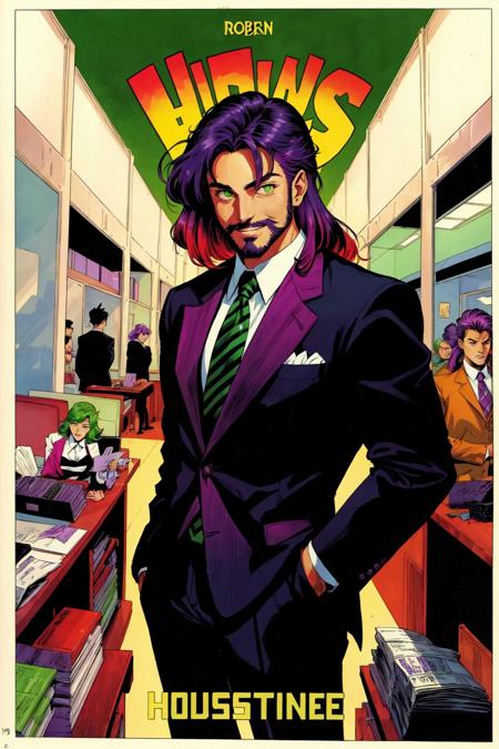 (masterpiece, best quality, ultra-detailed, highres, best illustration), 1boy, male focus, solo, heterochromia, purple eyes, green eyes, facial hair, necktie, smile, beard, gradient hair, ombre hair, multicolored hair, dyed bangs, blonde hair, purple hair, green hair, formal, looking at viewer, prison clothes, black and white striped suit, suit, indoors, office building, in the style of corporate punk, extremely detailed, by Jack Kirby, Adam Hughes and Terry Dodson, award winning movie poster, in the style of Beetlejuice, because fuck corporations, oh and genocide is evil, Rob Liefield styled 1990s rock star comic book art, ink hatching, art by jim lee and joemad, detailed background, comic book style, inked lines, ultra sharp, extremely detailed, detailed eyes, detailed face  CelShade