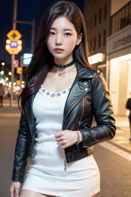 baesuzy, long hair, night, on a streets, summer, RAW,(8k, best quality, masterpiece:1.2),(intricate details:1.4),(photorealistic:1.4),octane render, complex 3d render ultra detailed, studio soft light, rim light, vibrant details, ultra detailed, realistic skin texture, detailed face, beautiful detailed eyes, extremely detailed CG unity 8k wallpaper, makeup, (detailed background:1.2), (cowboy shot:1.2),(perfect anatomy:1.2),(wide hip:1.1),(black leather jacket, mini skirt, choker, bracelet:1.1), <lora:baesuzy-v2:1>