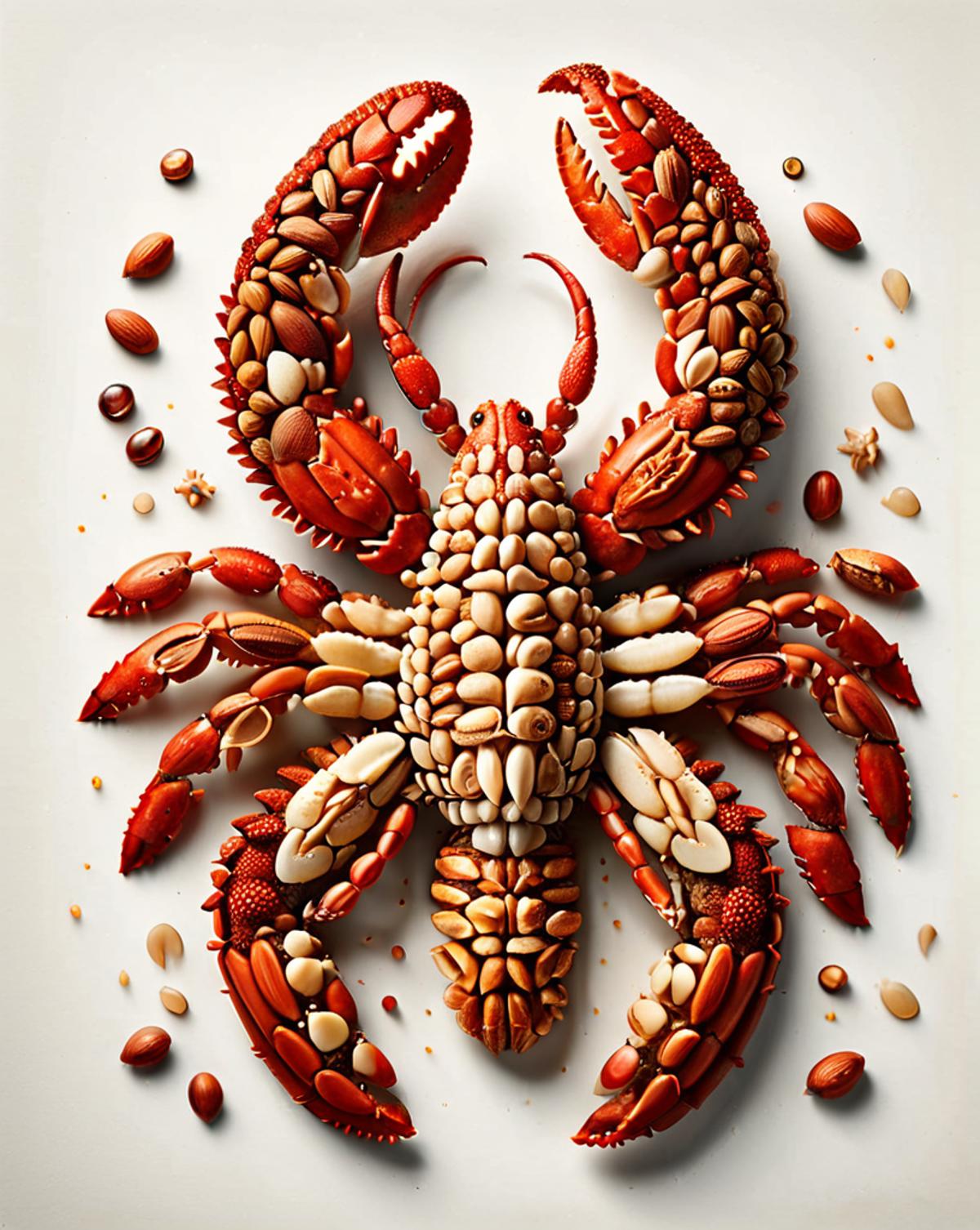Crab made of nuts and shells in various colors