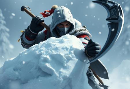 Create a highly detailed, dynamic concept art piece featuring a white American soldier from Mortal Kombat 11, wielding a sickle and taking cover behind a pile of snow. The character should be in an action pose, with a sharp focus on their facial expression and attire. The background should be a cold, snowy environment, with elements inspired by the fantasy world of Genshin Impact. The art style should be reminiscent of Dungeons and Dragons illustrations, with a matte finish and trending aesthetics found on Artstation. The image should be suitable for featuring on Unsplash.