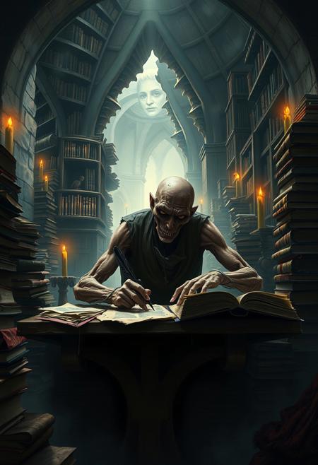 A gaunt, hollow-eyed scholar sits hunched over a massive, ancient desk, surrounded by towering stacks of decayed books. His fingers, elongated and bony, grasp a quill that drips with black ink, inscribing cryptic symbols onto parchment. The dim candlelight casts warped shadows across the walls, where ghostly faces seem to whisper secrets from the darkness. His expression is one of feverish dedication, his eyes sunken yet burning with obsession. In the background, twisted architectural forms loom—bookshelves that spiral infinitely, arches that dissolve into smoke. The atmosphere is thick with dust, the air heavy with the scent of aged paper and ink.