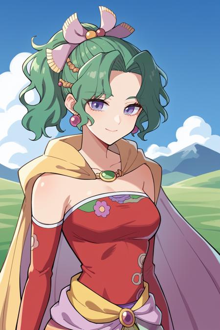 tina branford, green hair, ponytail, hair ribbon, earrings, cape, red dress, strapless, detached sleeves, clothes around waist, print legwear trancetina, monster girl, long hair, pink skin, pink hair, claws, nude