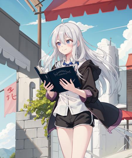 1girl, solo, long hair, blush, bangs, blue eyes, shorts, shirt, hair between eyes, white shirt, (ahoge:0.6), grey hair, pleated shorts, outdoors, cloud, black shorts, <lora:Elaina_v6.5_e8_800_bf16_lora:0.75>, smile, closed mouth, holding book, reading book, (awning in background:1.1), looking away, town