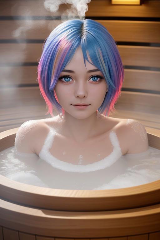 beautiful girl, rainbow hair, beautiful eyes, spa, sauna, relaxation, synergy of steam and water, filigree, macro view,