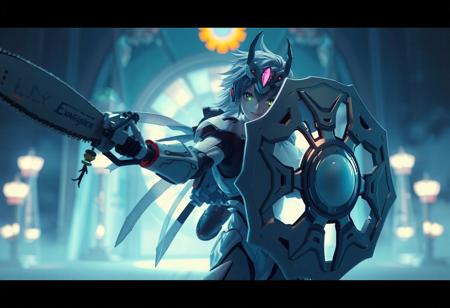 The image showcases a dynamic scene of Doma The Raypunk Angel of Silence, a character from Neon Genesis Evangelion anime series, in a light blue hue. Wielding a Chainsaw Insect in one hand and a Nightmare shield Mirror in the other, Doma The Raypunk Angel of Silence is ready for action. The Ally of Justice Cosmic Gateway is blurred in the background, drawing focus  in 4K, exceptional quality, with detailed facial features, clothes, and vivid emotions. The dynamic pose, captivating lighting, and harmonious colors create a powerful message and joyful impact. Rendered in Octane and trending on ArtstationHQ.