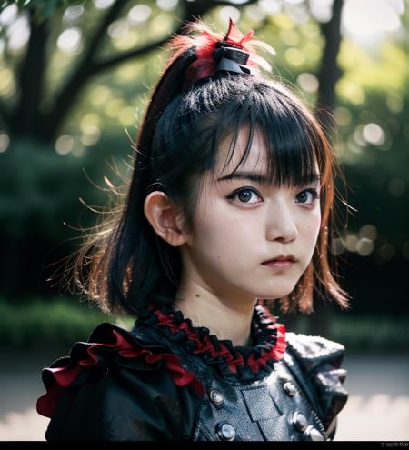 realistic, photorealistic, detailed, beautiful, RAW photo, film grain, (natural lighting :1.2), asian, woman, raw photo, photo background, black hair,  dark, metal, suzuka nakamoto,S0zuka23, punk style, black and red outfit, 20 years old, detailed black eyes,  <lora:S0zuka23:0.95>, bokeh, park