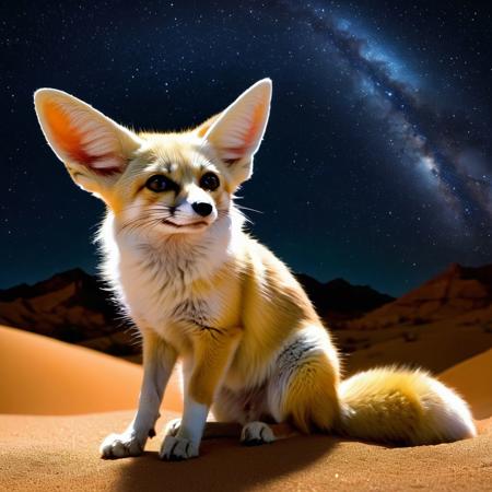 Fennec fox sits quietly in the desert at night, looking at the stars. --no "very painting style" --ar 9:16 --v 6.0