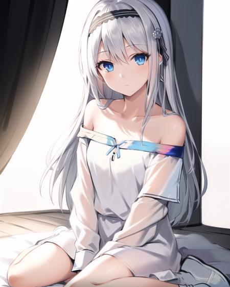 best quality,highly detailed,masterpiece,ultra-detailed,solo,1girl,(white background),Delicate eyes,long_hair,blue_eyes,(hairband),(off-shoulder shirt:1.3),(+wariza:1.2),expressionless,backlighting,