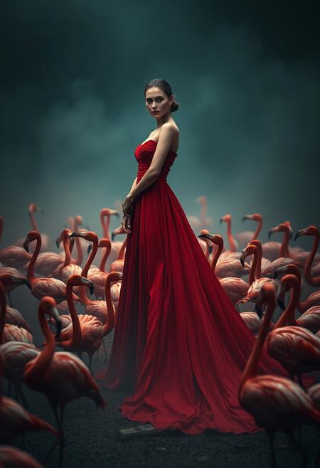 A stunning, elegant woman standing gracefully in the middle of a flock of flamingos. She wears a flowing, long red gown with an extended train that trails behind her, blending seamlessly with the vivid surroundings. Her presence is powerful yet enigmatic, her expression calm and unreadable. The atmosphere is moody and mysterious, with mist rising from the ground and soft, diffused lighting casting dramatic shadows. The flamingos gather around her peacefully, their pink feathers contrasting with the rich red of her gown. Cinematic composition, surreal ambiance, high detail, fashion fantasy, ethereal setting.