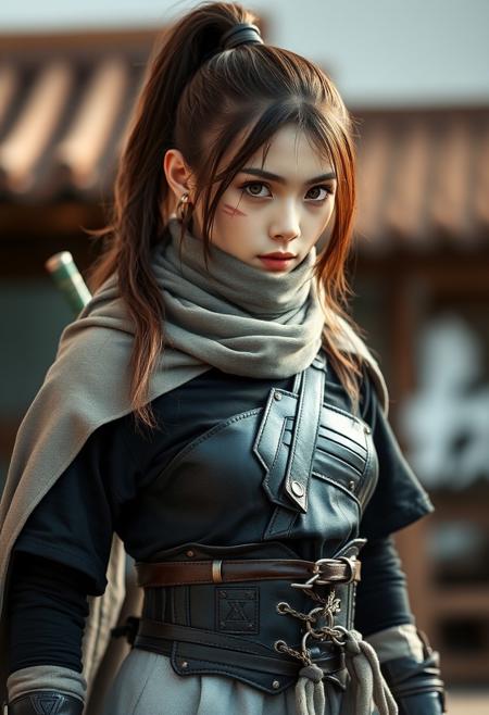 full shot of a japanese ninja girl, She has a tall ponytail hair style, She has a scar in the right eye, She wears a grey scarf cape, She wears two warrior belts with chains, she wears a Battle leather corset, she wears a black T-shirt, she wears light grey Explorer trousers, photography studio style, hyper realistic, ultra detailed
