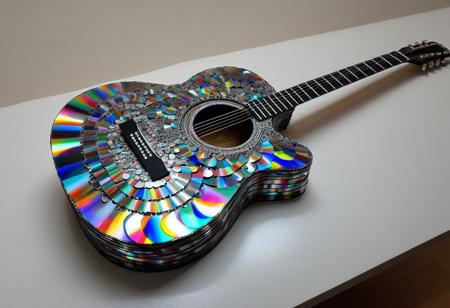 1guitar, indoors, modern twist, astonishing, made of cd's, 4k, highly detailed