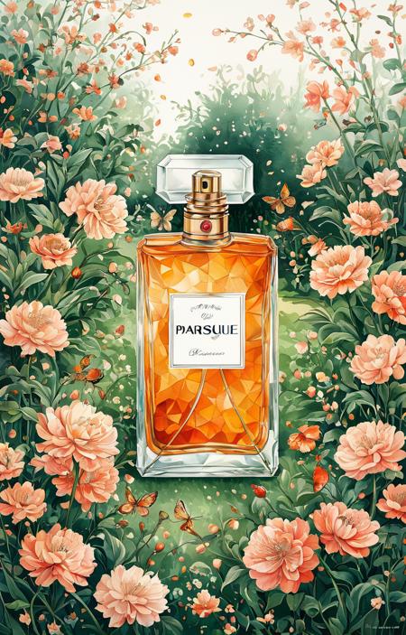 masterpiece,best quality,<lora:tbh50-sdxl:0.6>,illustration, A bottle of perfume in garden