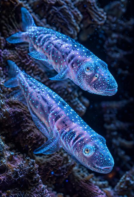 (dappled lighting:1.3), floating  in the void of outer space an ethereal sihlouette of (Pisces – the Fish) giving off an eerie glow, ancient celestial bodies in the background, polar stratospheric clouds,