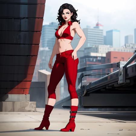 sarah,1girl,black hair,wavy hair,longhair,blue eyes,red_lips_, collared crop top,cleavage,sleeveless,midriff,red pants, red boots,