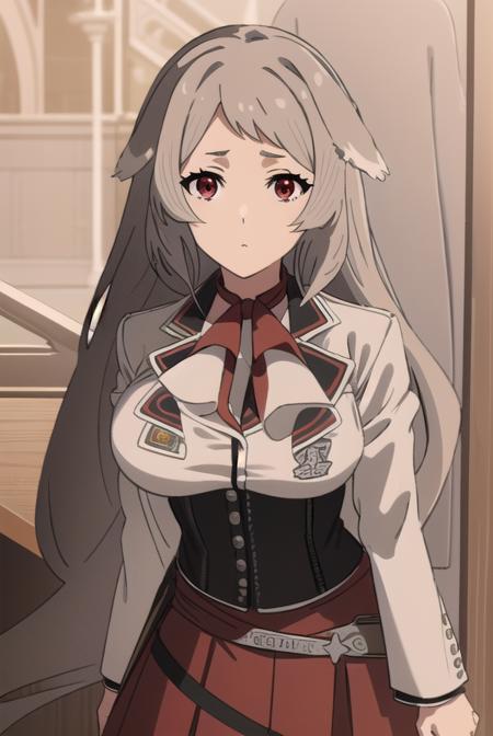 pursenaadoldia, <lora:pursenaadoldias2-lora-nochekaiser:1>,
pursena adoldia, long hair, (red eyes:1.5), animal ears, very long hair, grey hair,
BREAK cleavage, skirt, long sleeves, pantyhose, frills, shoes, red skirt,  loafers, white pantyhose, blazer, (white blazer:1.5), corset, (black corset:1.5),
BREAK indoors, classroom,
BREAK looking at viewer, (cowboy shot:1.5),
BREAK <lyco:GoodHands-beta2:1>, (masterpiece:1.2), best quality, high resolution, unity 8k wallpaper, (illustration:0.8), (beautiful detailed eyes:1.6), extremely detailed face, perfect lighting, extremely detailed CG, (perfect hands, perfect anatomy),