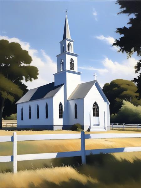 <lora:03realismPainting_Hap_XL:2.5>, realism American art painting oil painting,masterpiece,highly detailed, UHD,8k, <lora:add-detail-xl:0.00001> <lora:hand 4:0.00001>, church, white building, fence, grassy field, summer, daytime, rural, historic, peaceful, shadows, simple, tranquility, blue sky, quiet, minimalistic,