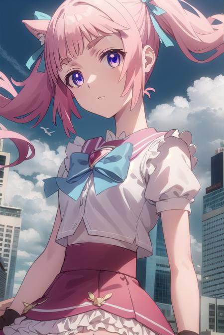 mamika kirameki, twintails, (purple eyes:1.1), pink hair, skirt, gloves, magical girl, bike shorts, heart, bow, blue bowtie, puffy sleeves, frills,