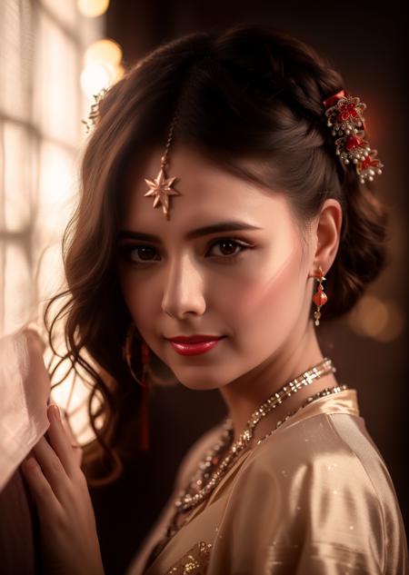 best quality,masterpiece,highres,1girl,blush,(seductive smile:0.8),star-shaped pupils,red china hanfu,hanfu,chinese clothes,hair ornament,necklace,jewelry,Beautiful face,upon_body,tyndall effect,photorealistic,dark studio,rim lighting,two tone lighting,(high detailed skin:1.2),8k uhd,dslr,soft lighting,high quality,volumetric lighting,candid,Photograph,high resolution,4k,8k,Bokeh,