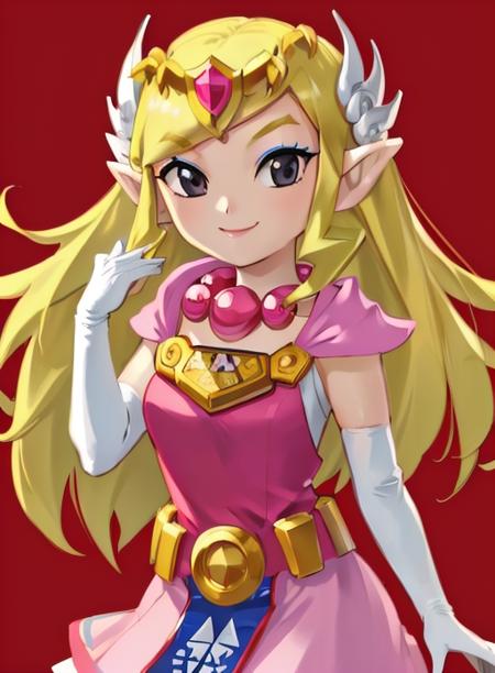 best quality, (masterpiece),(ultra-detailed), (high quality), (high resolution),<lora:toonzelda:0.7>,toon zelda, 1girl, solo, long hair, smile, blonde hair, gloves, dress, jewelry, pointy ears, elbow gloves, belt, necklace, black eyes, makeup, transparent background, tiara, eyeshadow