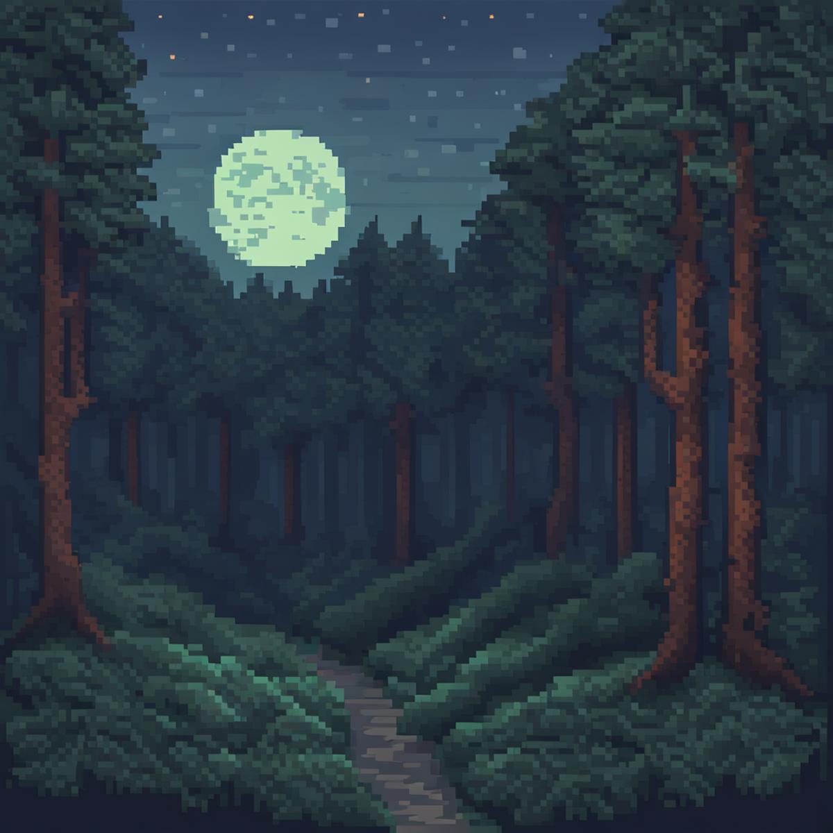 A Moonlit Path Through a Forest at Night