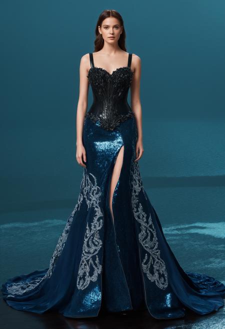 Nautical-themed 1girl, woman,beautiful gown,gown,background,<lora:Haute Couture (AM):1>,haute couture, realistic, photorealistic,<lora:LetThereBeLight:0.2>,Beeple,led lighting,, dark leather armor . Sea, ocean, ships, maritime, beach, marine life, highly detailed