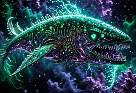 texture Ultra-detailed painting of a 'Clockwork Leviathan' — a colossal biomechanical whale floating in a neon-drenched void, its metallic ribs exposing gears that turn with liquid mercury. Thousands of tiny humanoid figures crawl inside its machinery, maintaining the illusion of life. The creature's eye is a shattered portal to a dying star, and its tail dissolves into fractal smoke. Style: hyper-realistic oil painting meets glitch art, with insane texture contrast (smooth chrome vs. cracked porcelain skin). Lighting: toxic green and deep violet, as if the scene is lit by a dying galaxy <lora:FluxDFaeTasticDetails:1> <lora:glowneon_xl_v1:1> glowneon, glowing, sparks, lightning  <lora:aidmaImageUpgraderSDXL-v0.3:1> aidmaImageUpgrader top down close-up