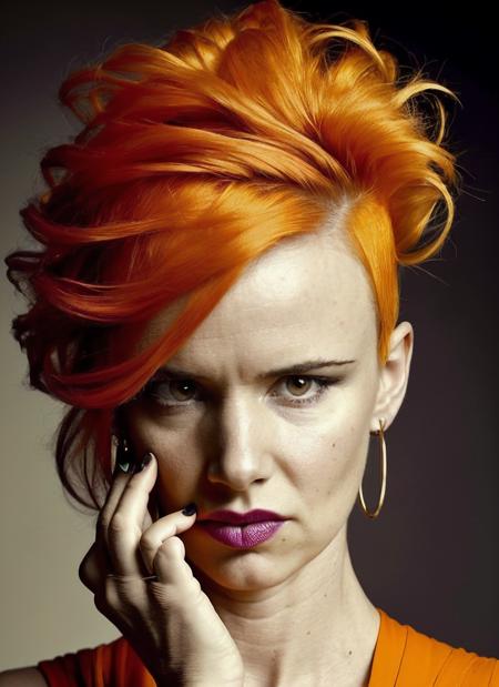 portrait of sks woman by Flora Borsi, style by Flora Borsi, bold, bright colours, orange Mohawk haircut, ((Flora Borsi)), <lora:locon_juliette_v1_from_v1_64_32:1.4>