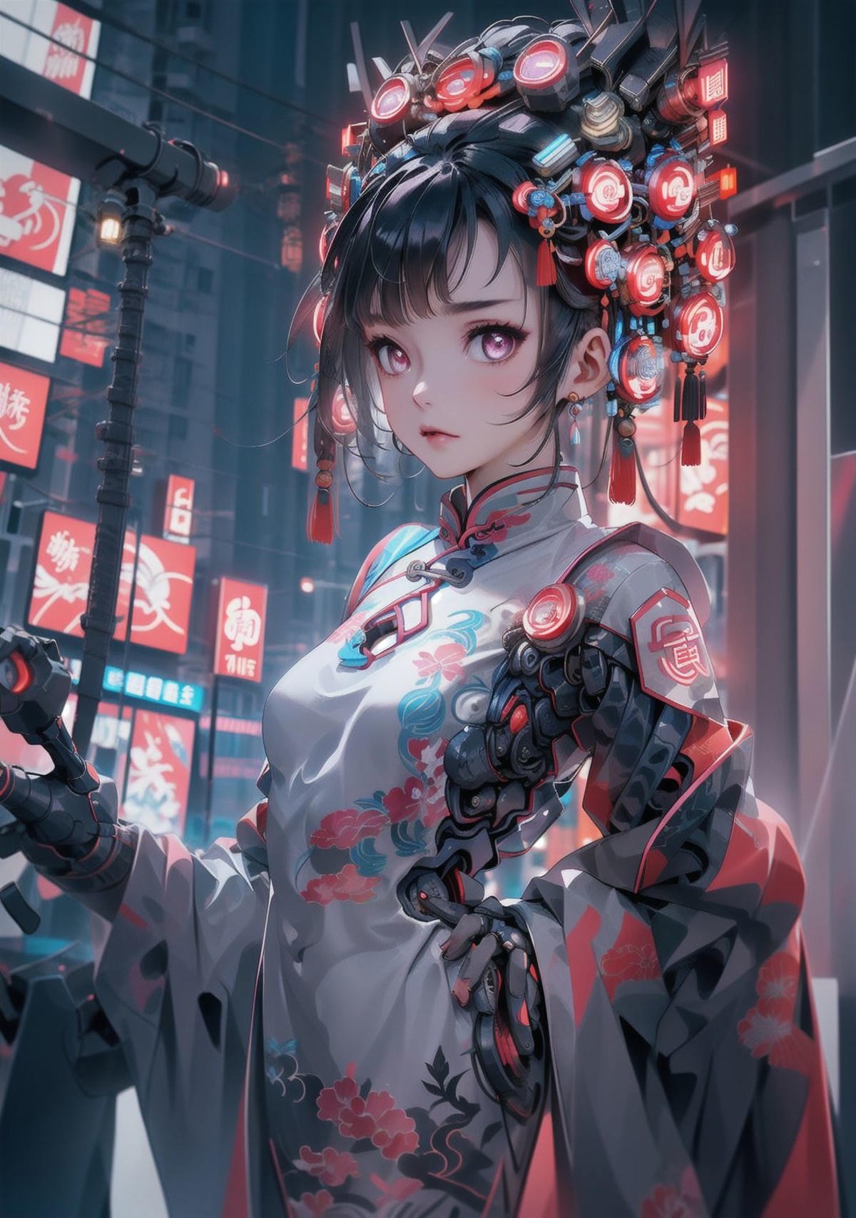 <lora:cyberhanfu_v1:0.8>,cyberhanfu,cheongsam,chinese clothes,neon,1 girl,chinese clothes,in white and pink,cyberpunk city...