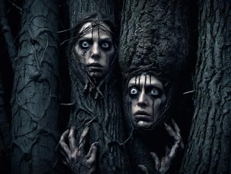 Horror-themed , in the tree trunks trapped medieval dressed people with desperate facial expression, mysterious fairytale forest, face and parts of the body hands feet overgrown protrude from the tree trunks, midnight, dark epic, spooky environment, by Greg Rutkowski
<lora:add-detail-xl:1.4>, symmetric eyes, same color eyes  . Eerie, unsettling, dark, spooky, suspenseful, grim, highly detailed