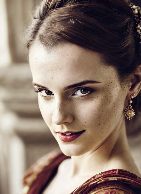 medium portrait close up of a Beautiful sks woman, (messy bun), sitting on a wooden chair, wearing a fancy Victorian era dress, seductively posing, medium breasts, pale skin, dark red lips, dark eye shadow, ornate pendant, sitting in front of a large stone fireplace, candle burning, in a luxurious fantasy castle, side lighting, cinematic, Renaissance style, (Fujifilm XT3:1.1), (high detailed face:1.3), perfect hands, <lora:locon_emmawatson_v1_from_v1_64_32:1.25>