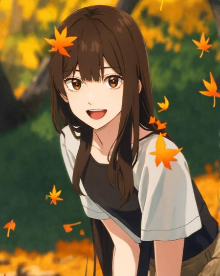 1girl, :d, autumn, autumn_leaves, bangs, black_shirt, blurry, blurry_background, blurry_foreground, brown_eyes, brown_hair, burning, campfire, collarbone, depth_of_field, evening, explosion, eyebrows_visible_through_hair, falling_leaves, fire, ginkgo_leaf, hair_between_eyes, holding_leaf, leaf, long_hair, looking_at_viewer, maple_leaf, motion_blur, open_mouth, orange_sky, orange_theme, outdoors, photo_background, shirt, short_sleeves, smile, solo, sunset, upper_body <lora:chara_AnzuHanashiro:0.8>