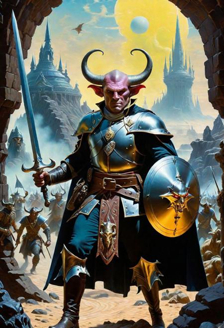 A hyperrealistic 8k photograph was captured by Sid Avery's Hasselblad camera, depicting close-up a handsome+ Tiefling shield bearer with pink++ skin and slender build during a battle+++, surrounded by goblins++, He has a bald head, neon yellow eyes, calm++ and handsome+ and detailed face, cold smile++, mysterious and ominous aura of dark shadows enveloping the figure, Lovecraftian Horror-themed, in the artistic style of Boris Vallejo, Shadows casting an uncanny atmosphere, hints of eldritch dark energy crackling, He is dressed in a musketeer outfit, high details and era-appropriate, He is wielding a magically radiating+ Backsword+ in the right hand, and he is holding a steel shield+++ in the left hand, Backdrop (background) of a focused scene of a battle with goblins next to a crystal palace, Mysterious composition, imbued with a dark, ambient 3d warm studio backlight.