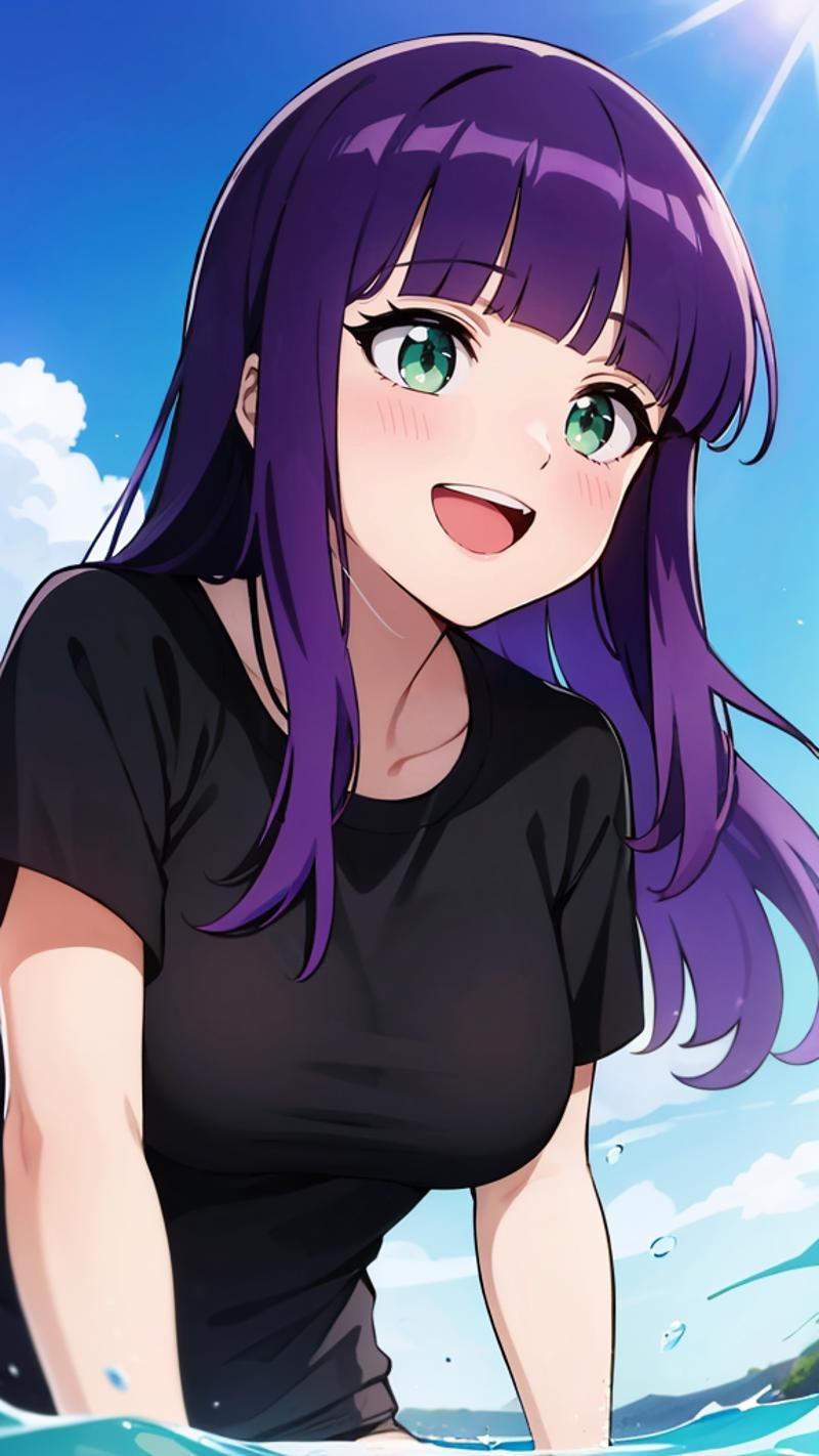 A young woman with purple hair and a green eye, wearing a black shirt, smiling brightly.