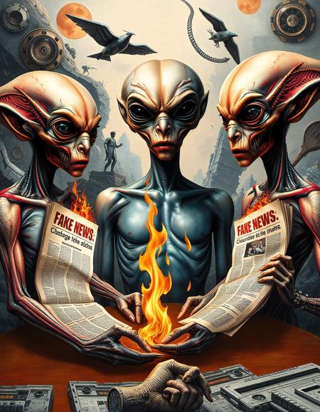 A surreal collage of three human-alien hybrid beings gathered around a smoldering fake news article. The beings, each with a distinctive combination of human and alien features, appear bewildered and slightly disturbed. The article, emblazoned with outlandish claims, burns fiercely in their hands. The background is a fragmented landscape of abstract shapes and distorted imagery, suggesting a distorted reality. The overall style is dadaist, incorporating elements of collage, Surrealism, and absurd humor
