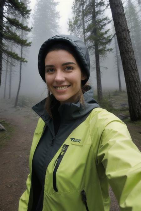 Selfie of a radiant 20 year old woman from a lookout in Rockies mountains, crystal clear lake, pinetrees forests, wildlife, (foggy: 0.8), sun rays through the fog, early morning, great perspective, detailed face, pale skin, hair tied, sexy, deep cleavage, rain jacket, hiking