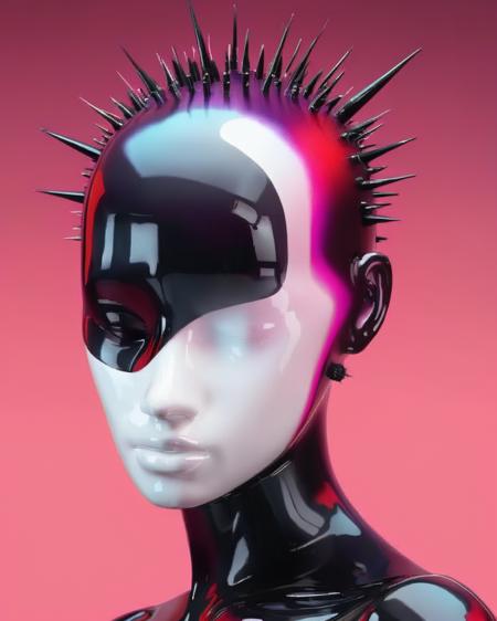 a white mannequin with black hair and a black headpiece with spikes on it's head, Beeple, cinema 4 d, cyberpunk art, net art , black_hair, closed_eyes, evening, gradient, gradient_background, pink_background, pink_theme, portrait, purple_sky, red_background, red_sky, solo<lora:digital_human:1.0>