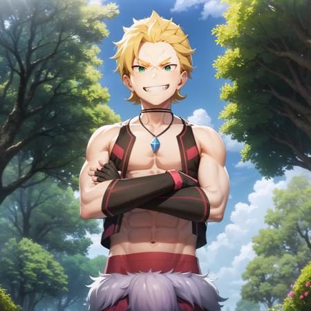 masterpiece,best quality,2d,anime,
1boy, male focus, blonde hair, solo, green eyes, teeth, jewelry, outdoors, abs, day, crossed arms, smile, sharp teeth, tree, looking at viewer, necklace, sky, fingerless gloves, gloves, vest, pants, black gloves, sunlight, muscular, forest, nature, pectorals, grin, open vest,  <lora:garf:1>,