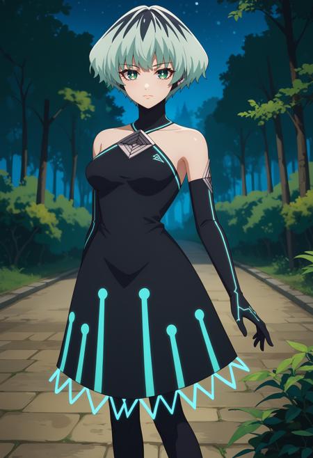 AmberIdanokan short hair, multicolored hair, green hair, black hair, green eyes, symbol-shaped pupils, robot ears black collar, sleeveless dress, black dress, neon trim, elbow gloves, black gloves, black footwear