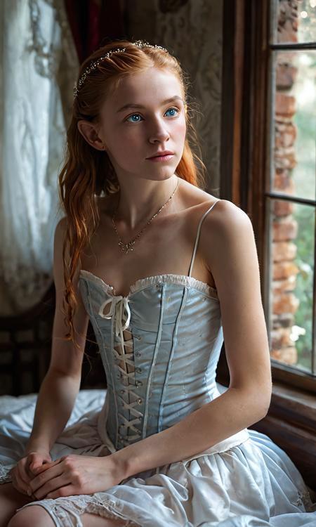masterpiece, high quality, Oil Painting, Hyper-realistic, tiny skinny teen elf girl thoughtfully sitting on her bed wearing a white slip and white tightly laced corset. Her long red hair is loosely tied back, with strands falling over her face as she focuses. The elf has delicate, angular features and luminous, almost ethereal white skin. Her large, almond-shaped blue eyes are a striking shade of silver-blue, framed by long lashes, and she has small pointed elf ears. Her body is short, skinny, petite, and thin waisted. Outside the window, gentle sunlight filters into a Victorian bedroom. Focus on the girl, intricate lines, intriguing atmosphere, sharp magnificent details, delicate features, elaborate details, (2\3 rule composition:0.5), ultra detailed, romantic, Rembrandt lighting, brush stroke, lovely, del1cate_balance style, novuschroma, FS, in the style of Rembrandt. vantablac
 
