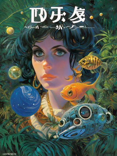 noriyoshiohrai style, book cover, facial focus, cute young girl in a jungle paradise, black hair, freckles, space, planets, ornate, bones, innocent eyes, exotic fish, masterpiece, stunning composition