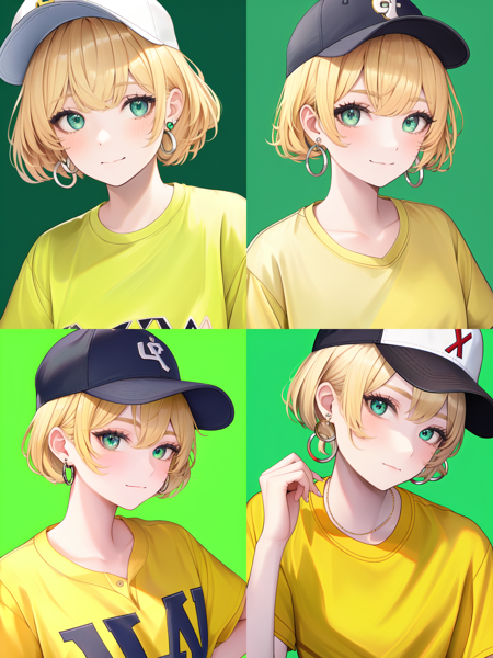 1girl, aqua eyes, baseball cap, blonde hair, closed mouth, earrings, green background, hat, hoop earrings, jewelry, looking at viewer, shirt, short hair, simple background, solo, upper body, yellow shirt,