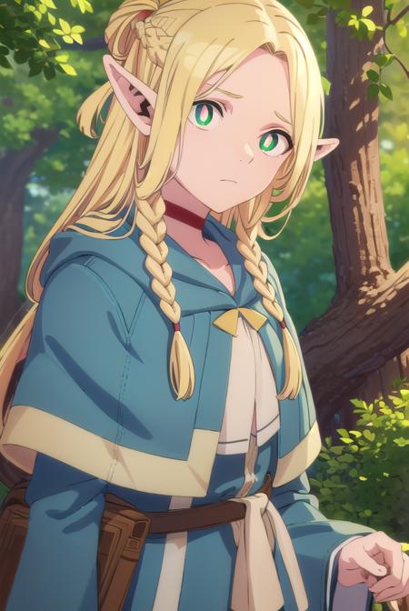 marcilledonato, <lora:marcille donato-lora-nochekaiser:1>,
marcille donato, long hair, blonde hair, (green eyes:1.3), braid, pointy ears, twin braids, elf, (bright pupils:1.5), (parted bangs:1.5),
BREAK choker, robe, red choker,
BREAK outdoors, nature, forest, trees, grass, river, sun, sky, clouds,
BREAK looking at viewer, (cowboy shot:1.5),
BREAK <lyco:GoodHands-beta2:1>, (masterpiece:1.2), best quality, high resolution, unity 8k wallpaper, (illustration:0.8), (beautiful detailed eyes:1.6), extremely detailed face, perfect lighting, extremely detailed CG, (perfect hands, perfect anatomy),