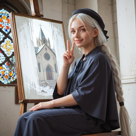 painting woman,white hair,orange eyes, ponytail,absurdly long hair,beret,black capelet,grey shirt,